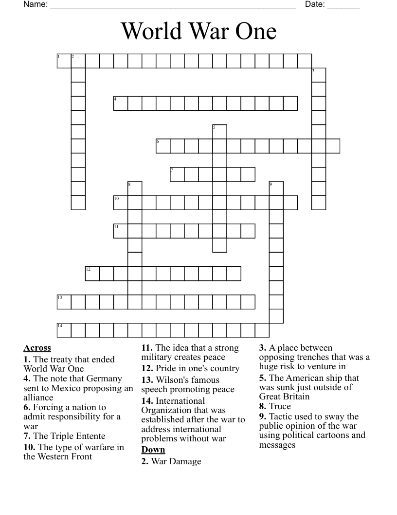 World War One Crossword