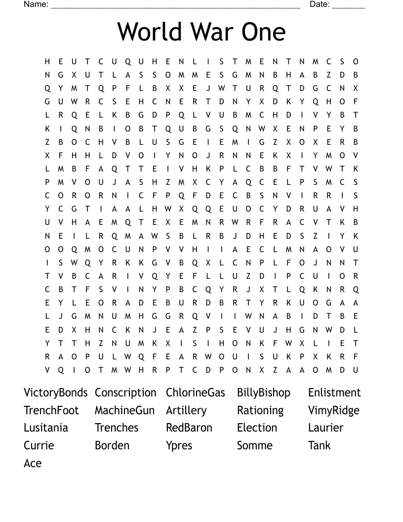 World War One Word Search