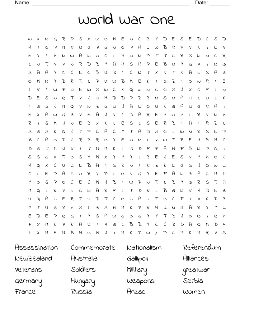 World War One Word Search