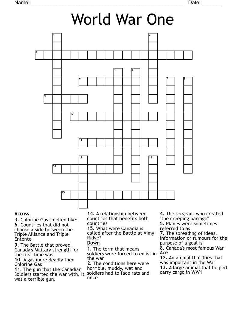 World War One Crossword