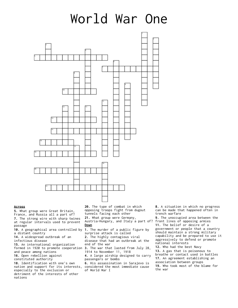 World War One Crossword