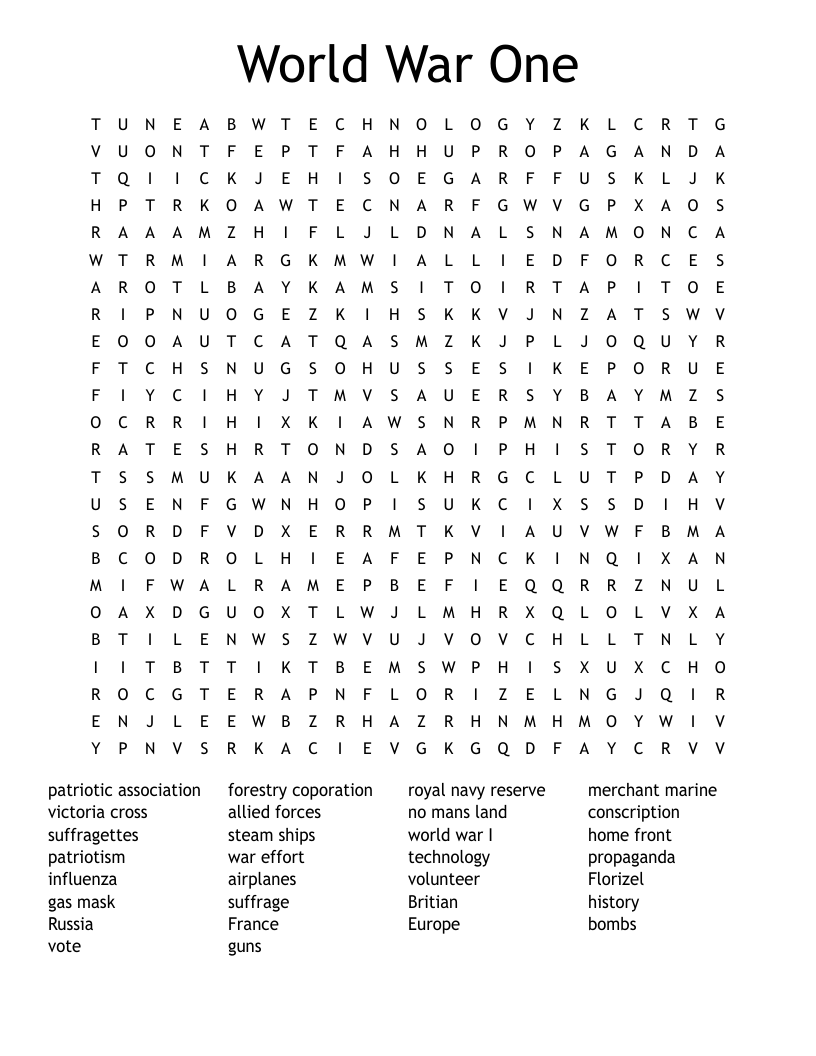 World War One Word Search