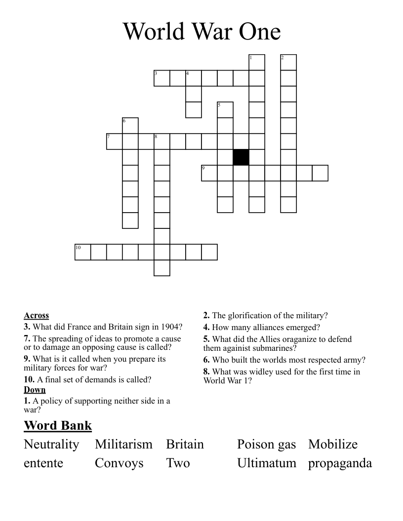 World War One Crossword