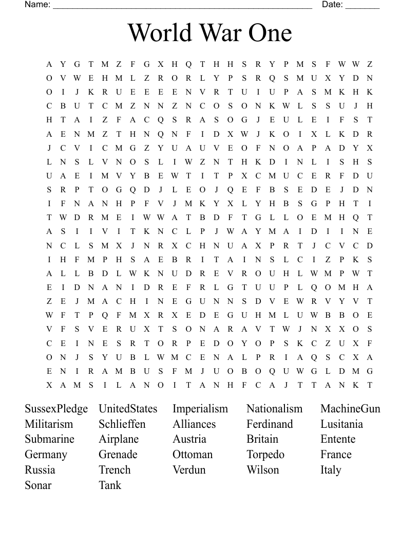 World War One Word Search
