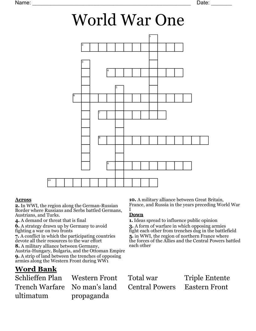 World War One Crossword