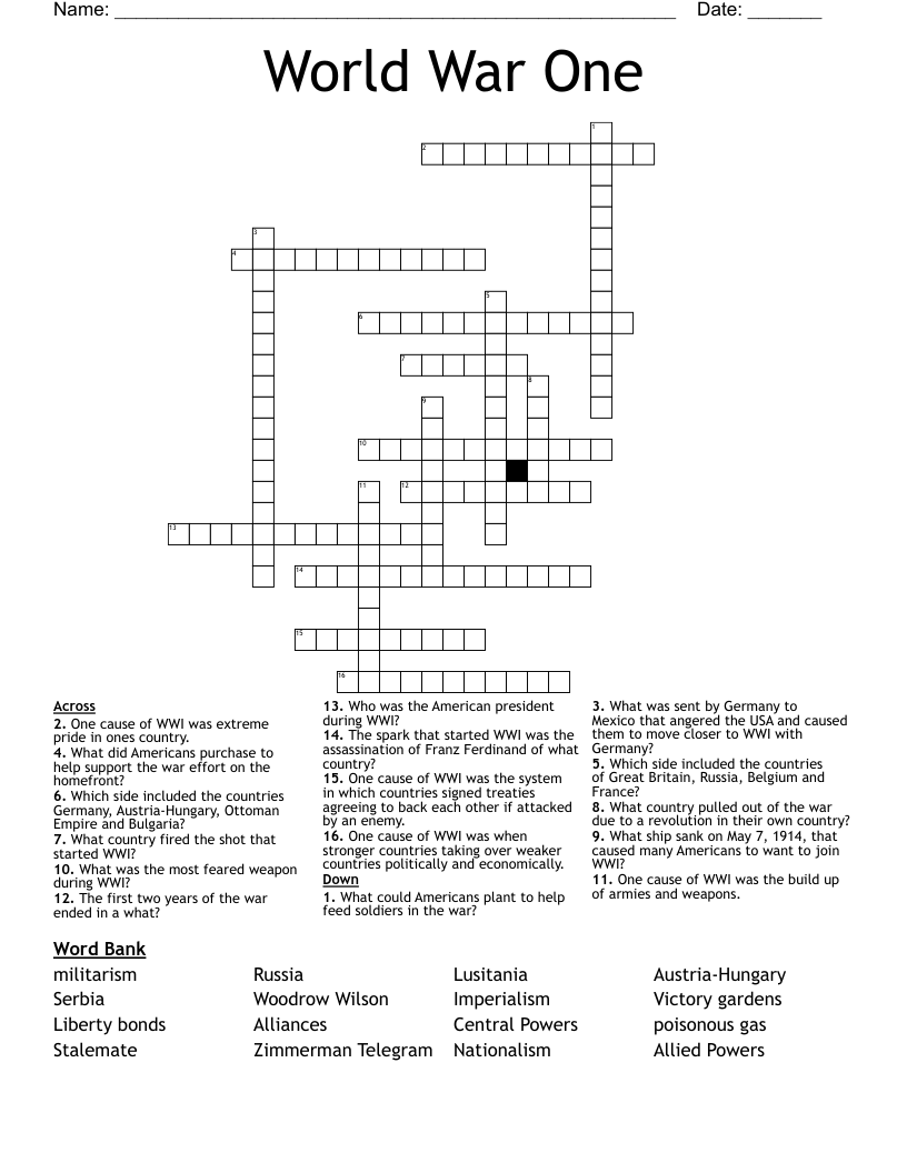 World War One Crossword