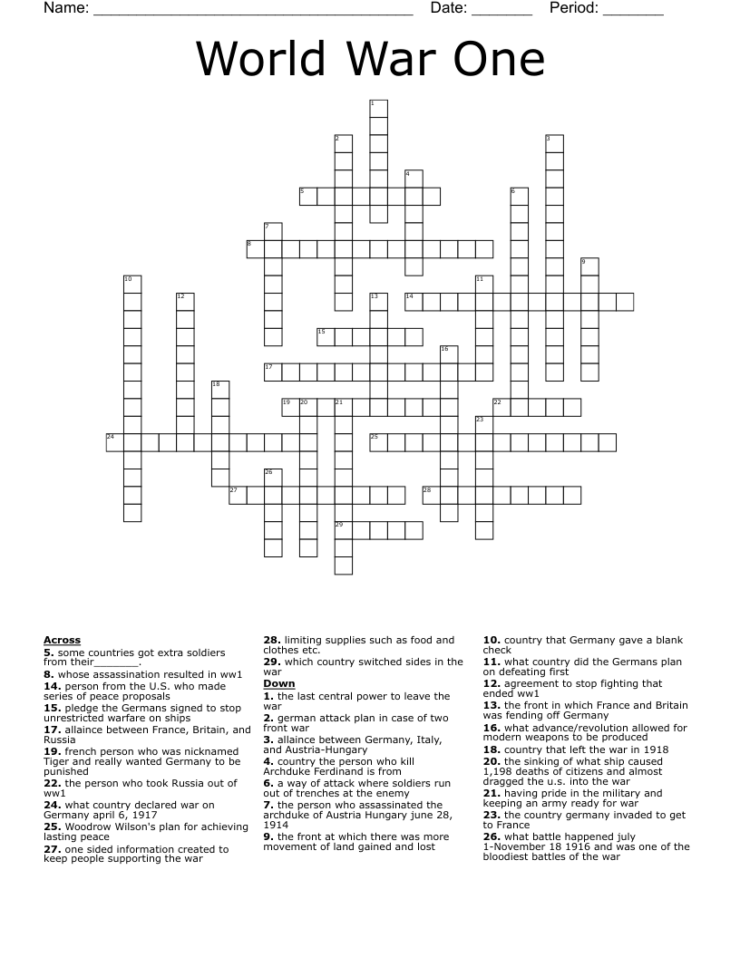 World War One Crossword