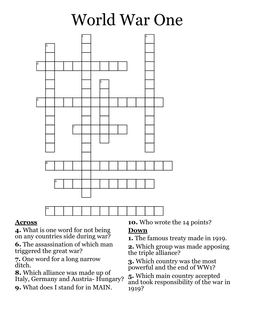 World War One Crossword