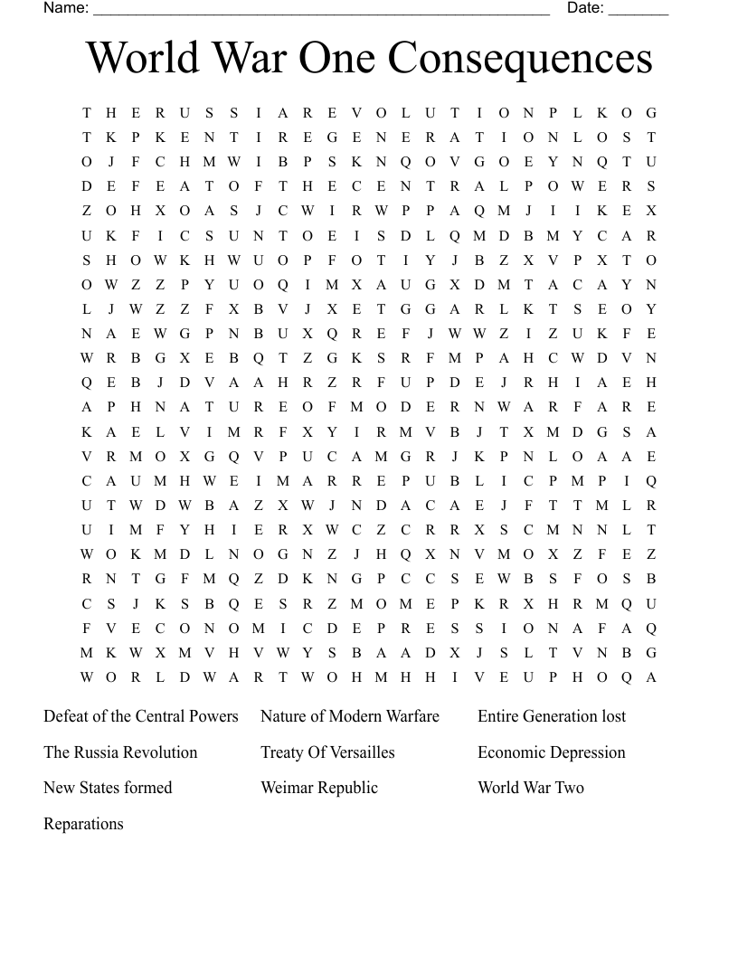 World War One Consequences Word Search