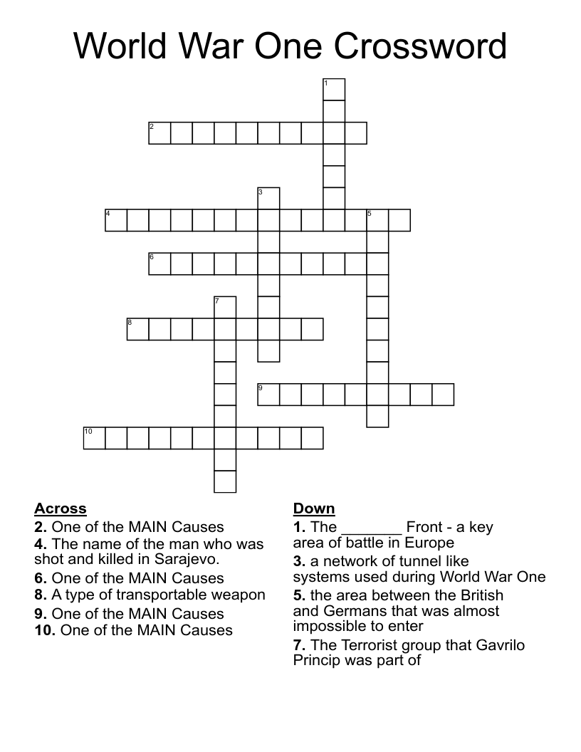 World War One Crossword