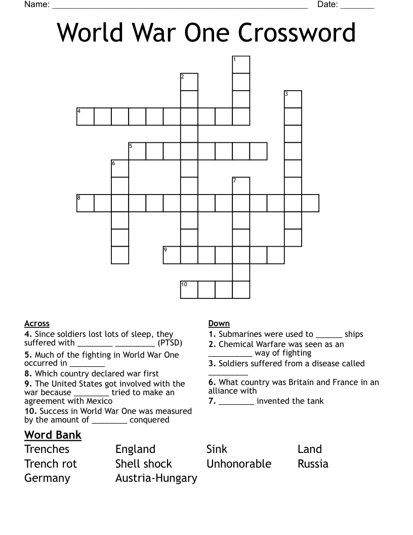 World War One Crossword