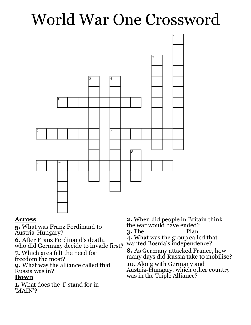 World War One Crossword