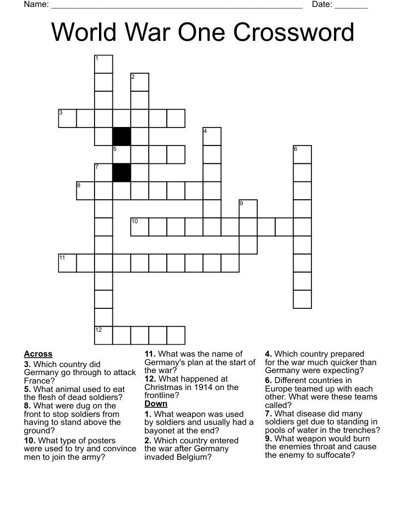 World War One Crossword