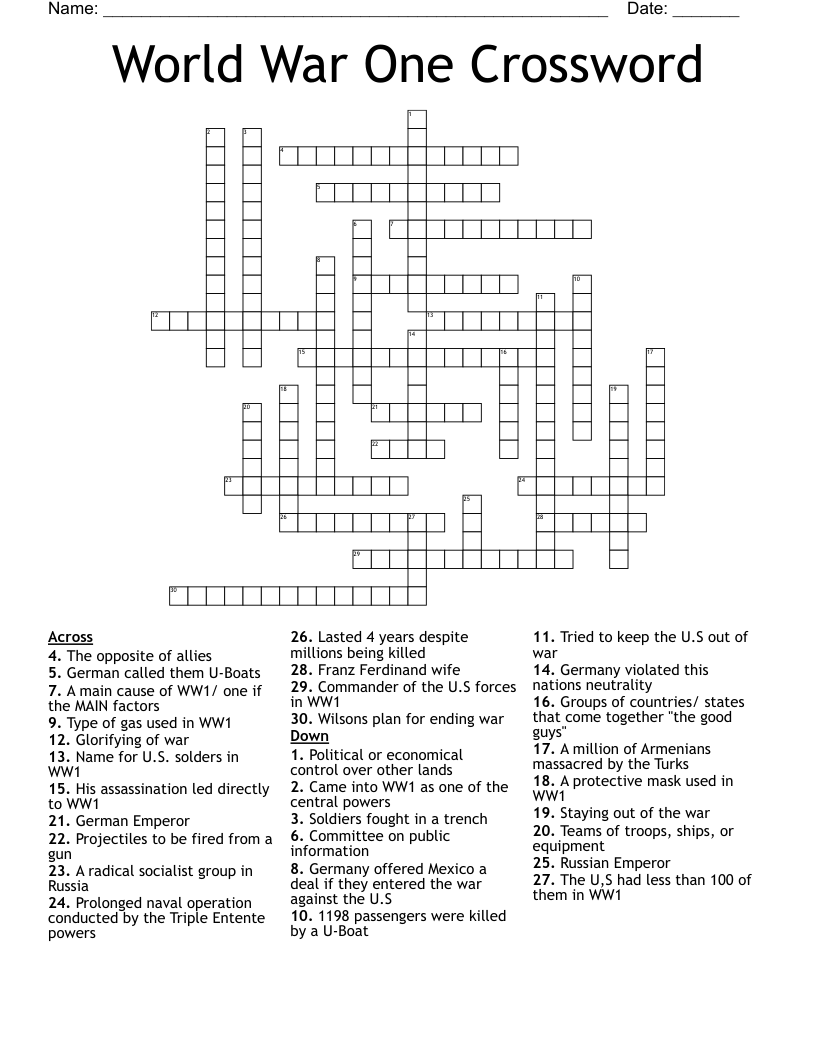 World War One Crossword