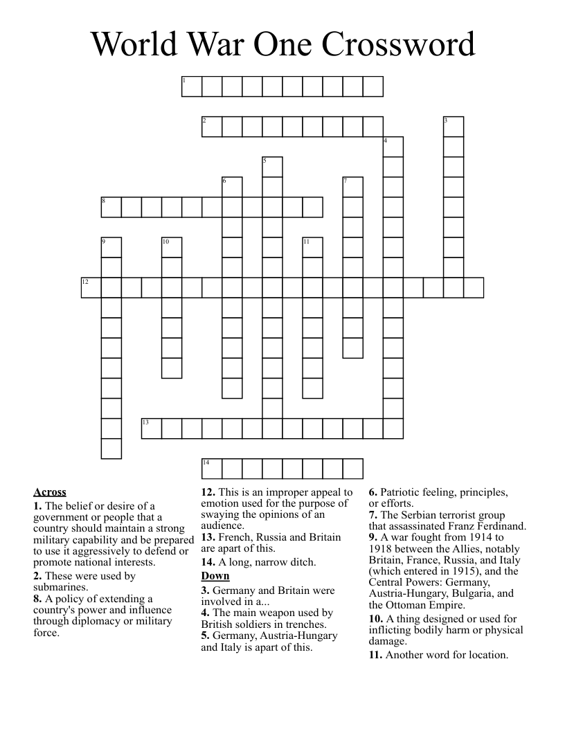 World War One Crossword