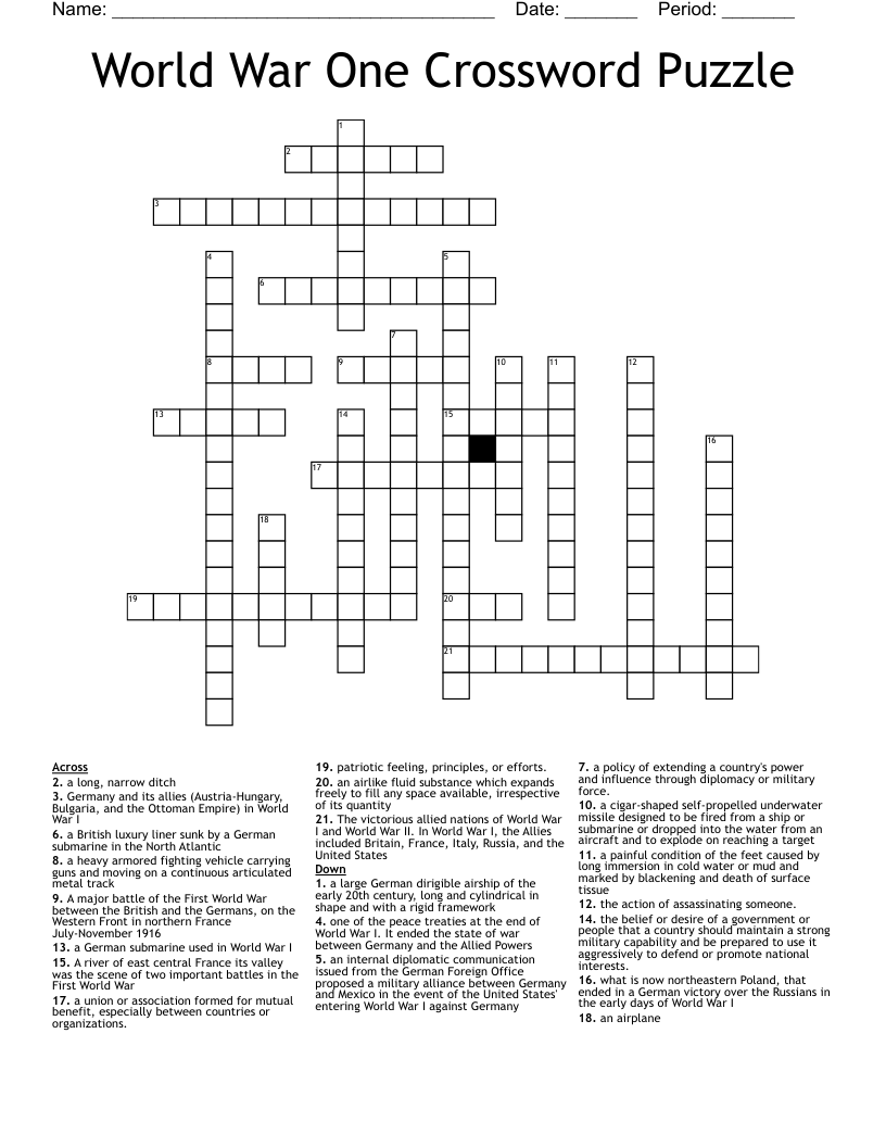 World War One Crossword Puzzle
