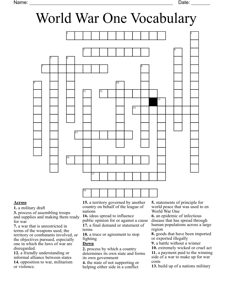 World War One Vocabulary Crossword