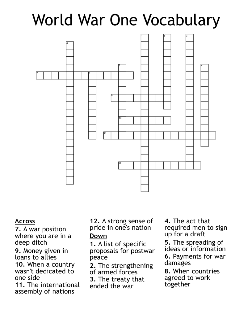 World War One Vocabulary Crossword