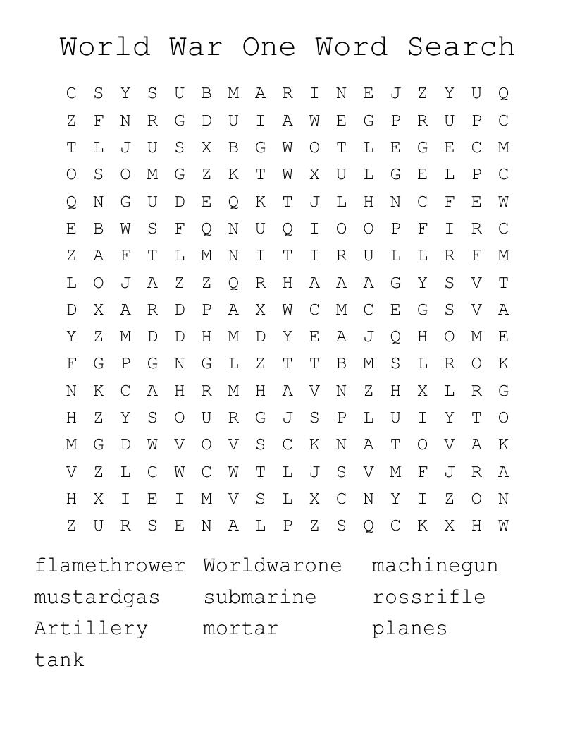 World War One Word Search