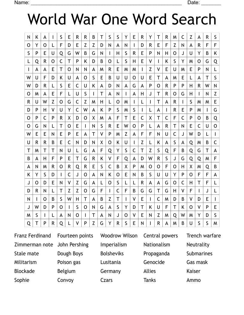 World War One Word Search 