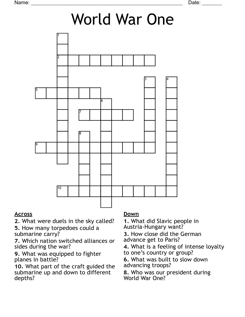 World War One  Crossword