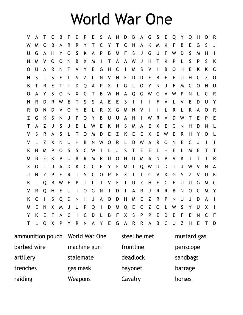 World War One  Word Search