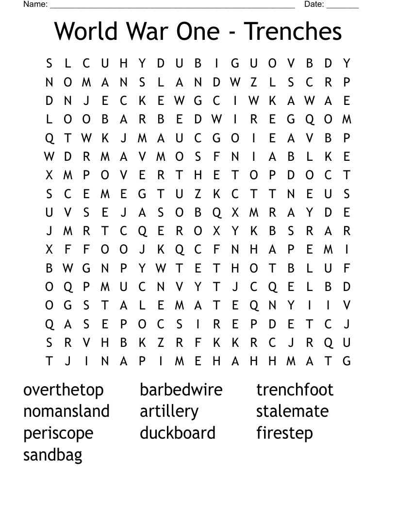 World War One - Trenches Word Search
