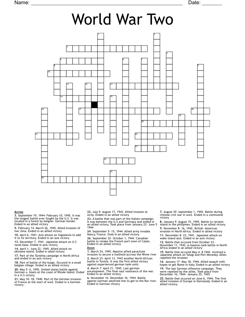 World War Two Crossword