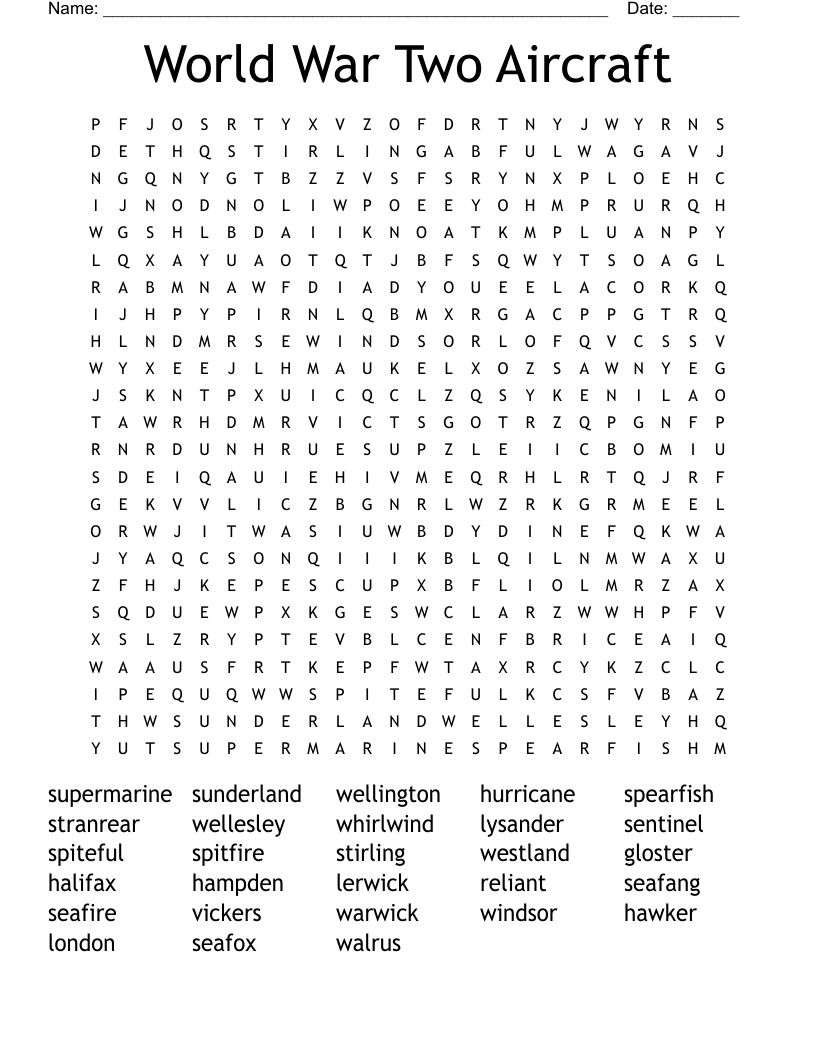 World War Two Aircraft Word Search