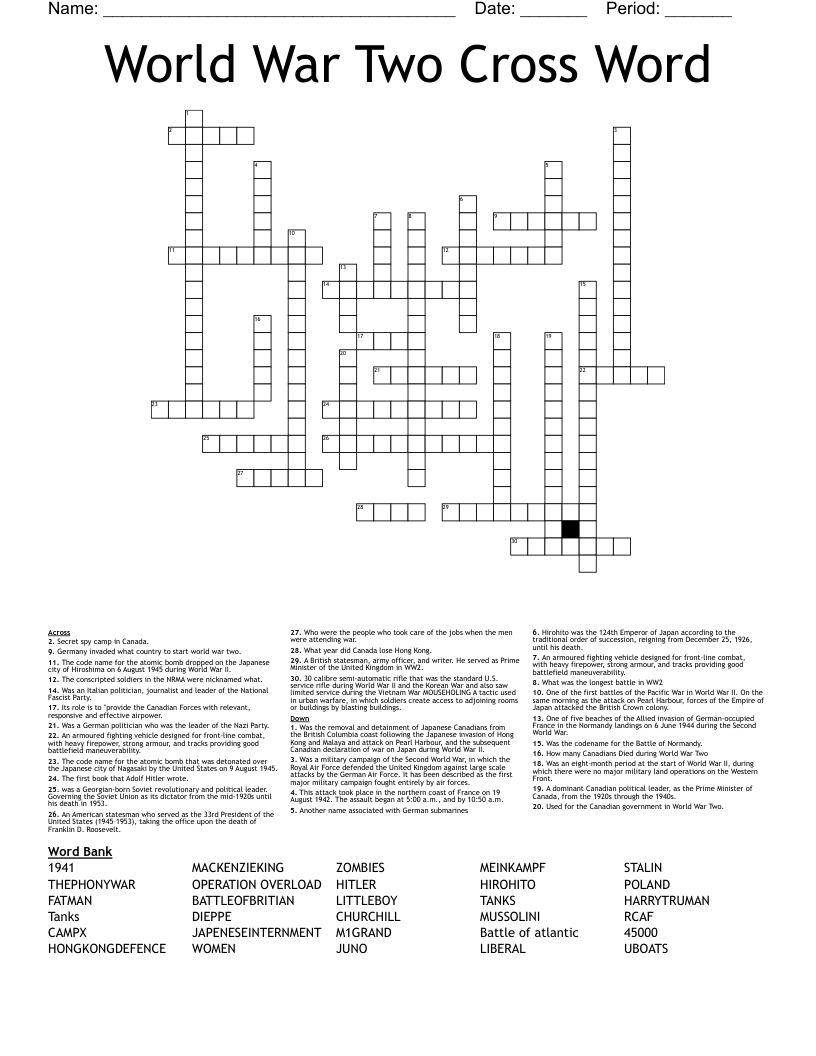 World War Two Cross Word