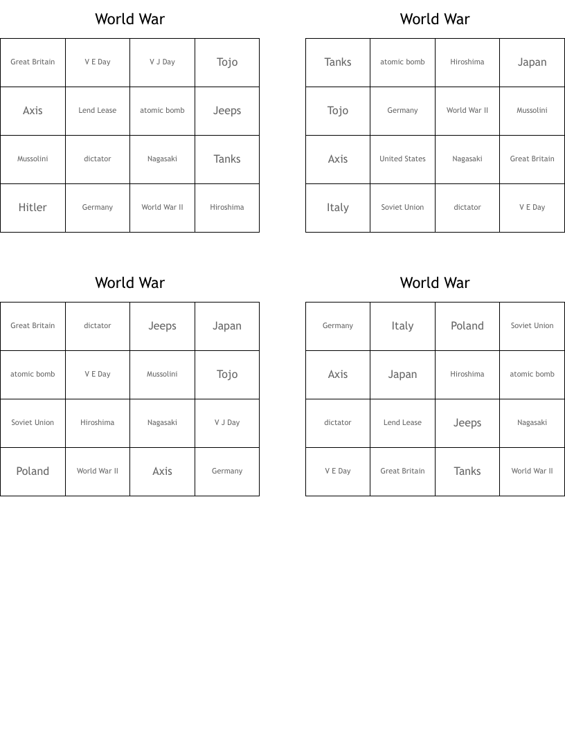 World War  Bingo Cards