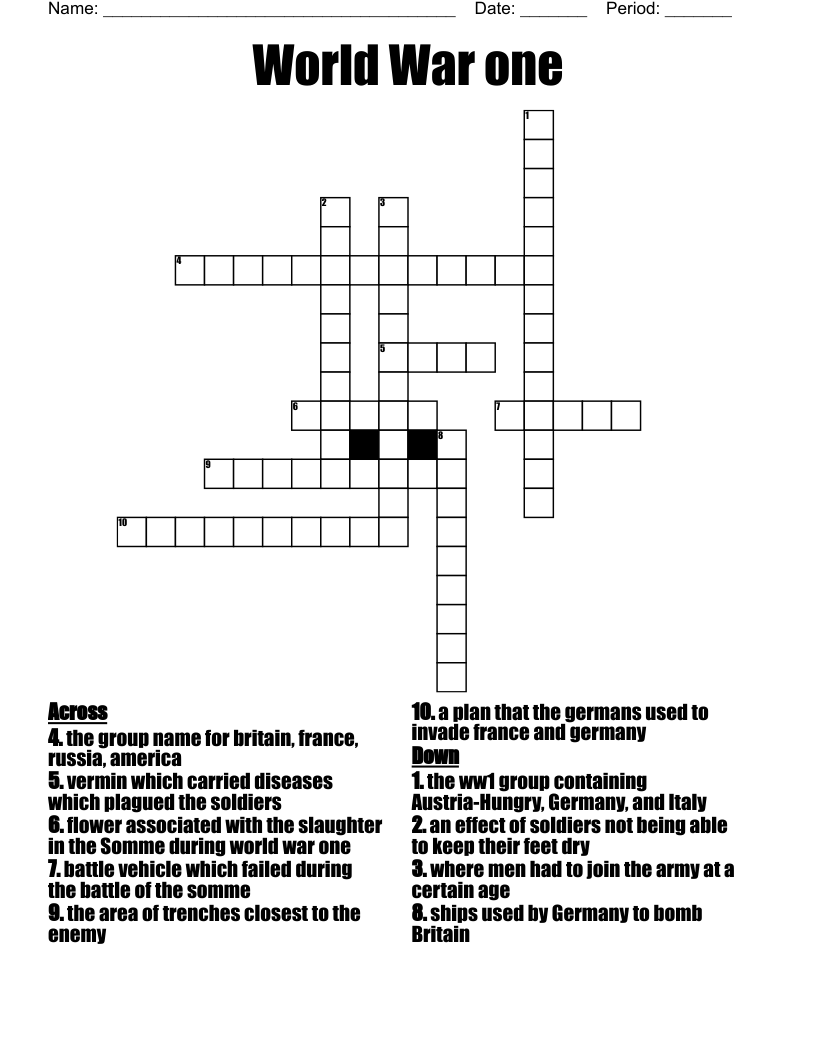 World War one Crossword