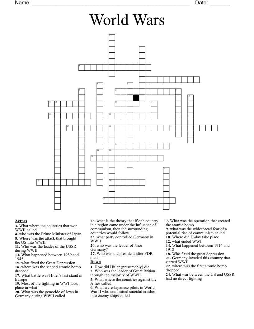 World Wars Crossword