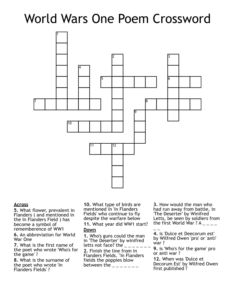 World Wars One Poem Crossword