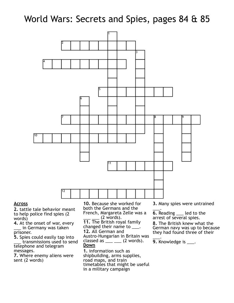 World Wars: Secrets and Spies, pages 84 & 85 Crossword
