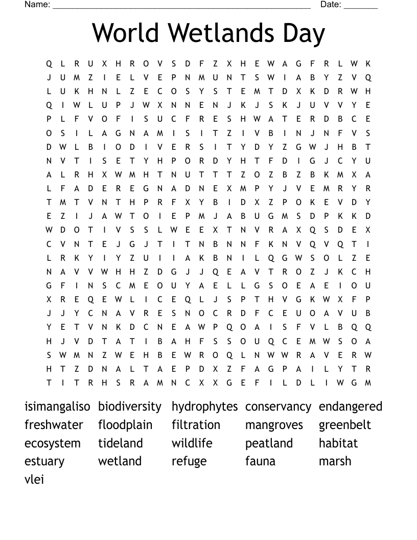 World Wetlands Day Word Search