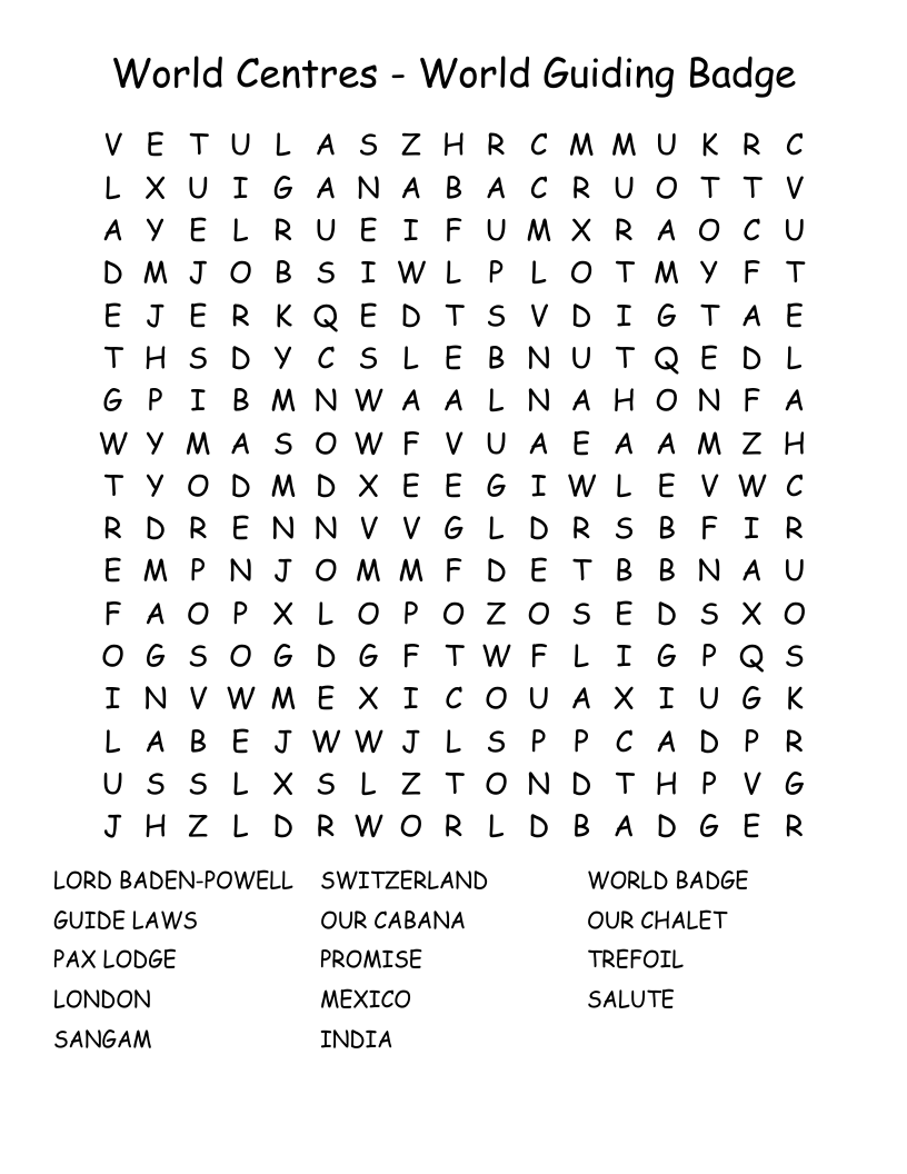 World  Centres  -  World Guiding Badge Word Search