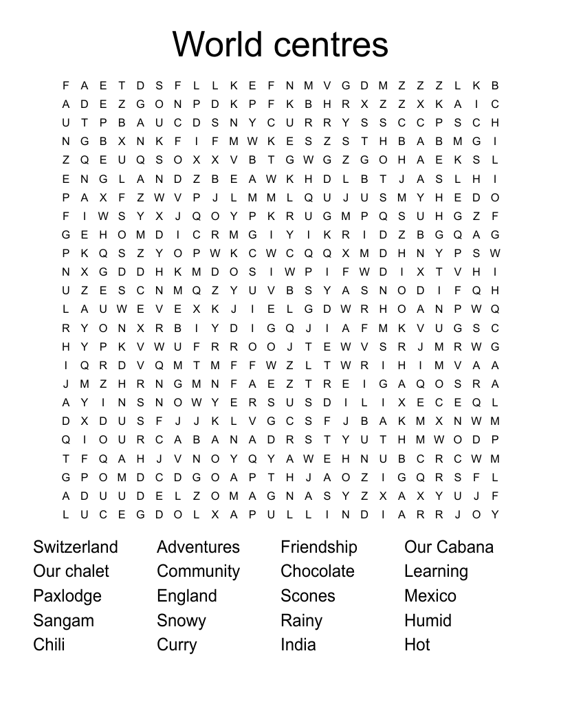 World centres Word Search