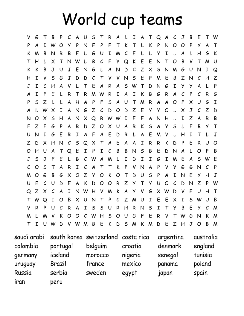 World cup teams Word Search