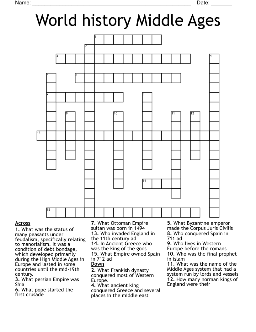 World history Middle Ages Crossword