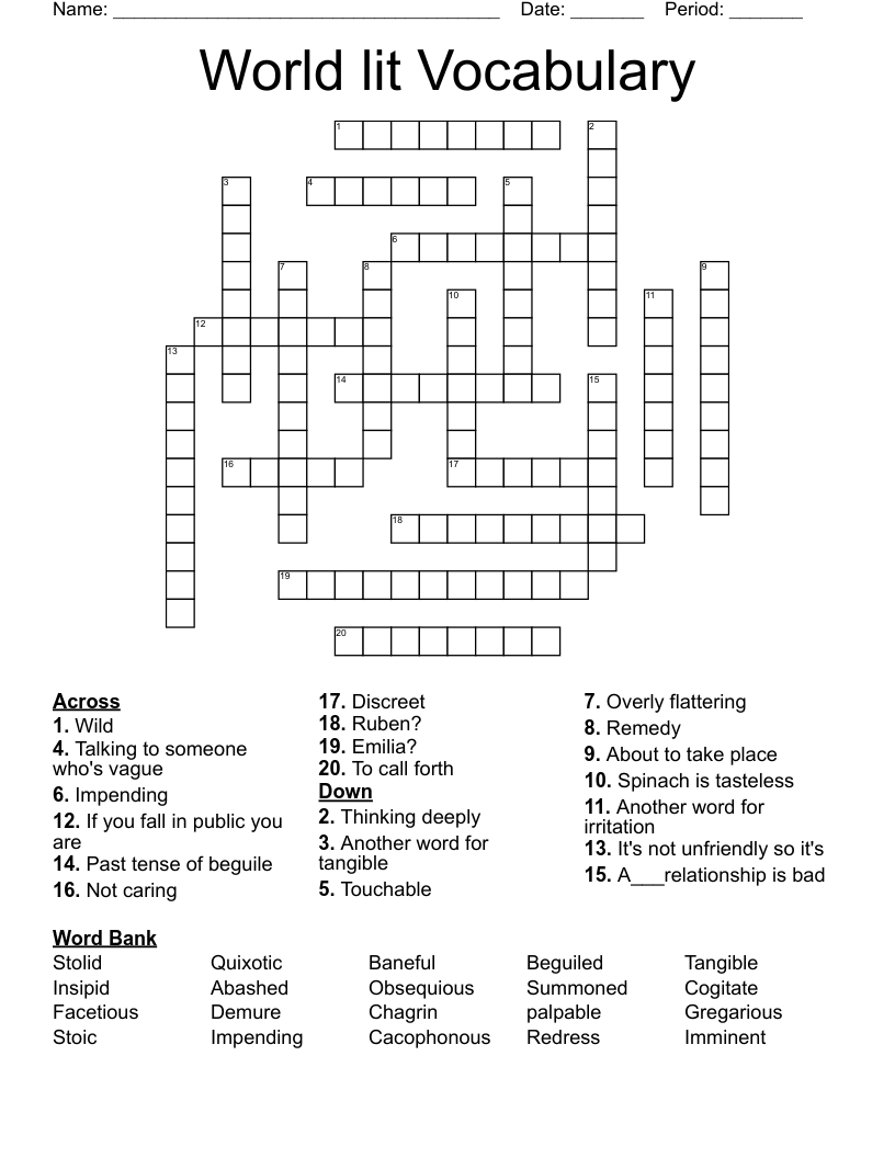 World lit Vocabulary Crossword