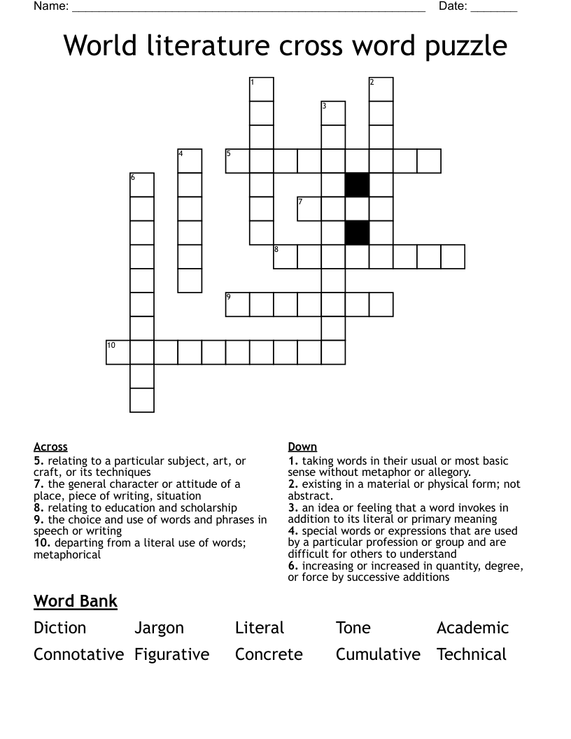 World literature cross word puzzle 