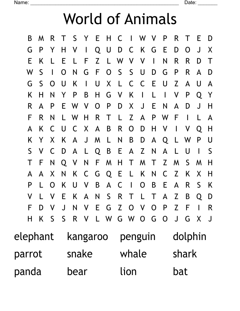 World of Animals Word Search