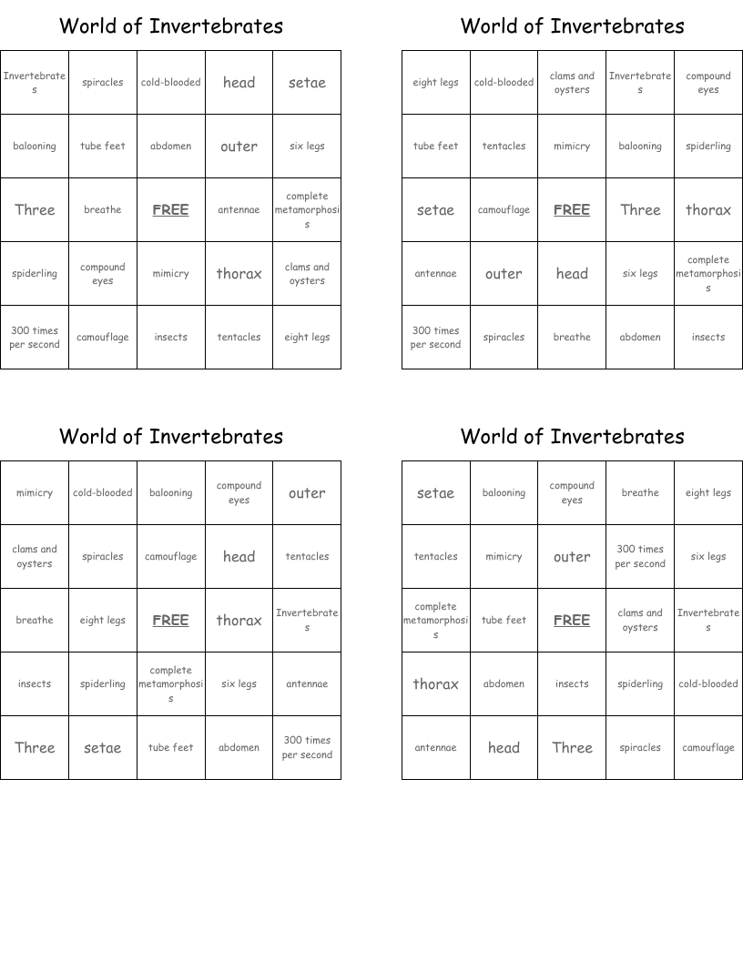 World of Invertebrates Bingo Cards