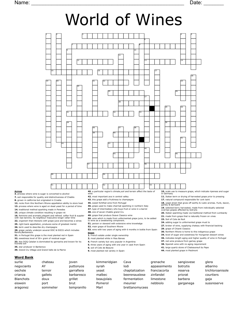 World of Wines Crossword