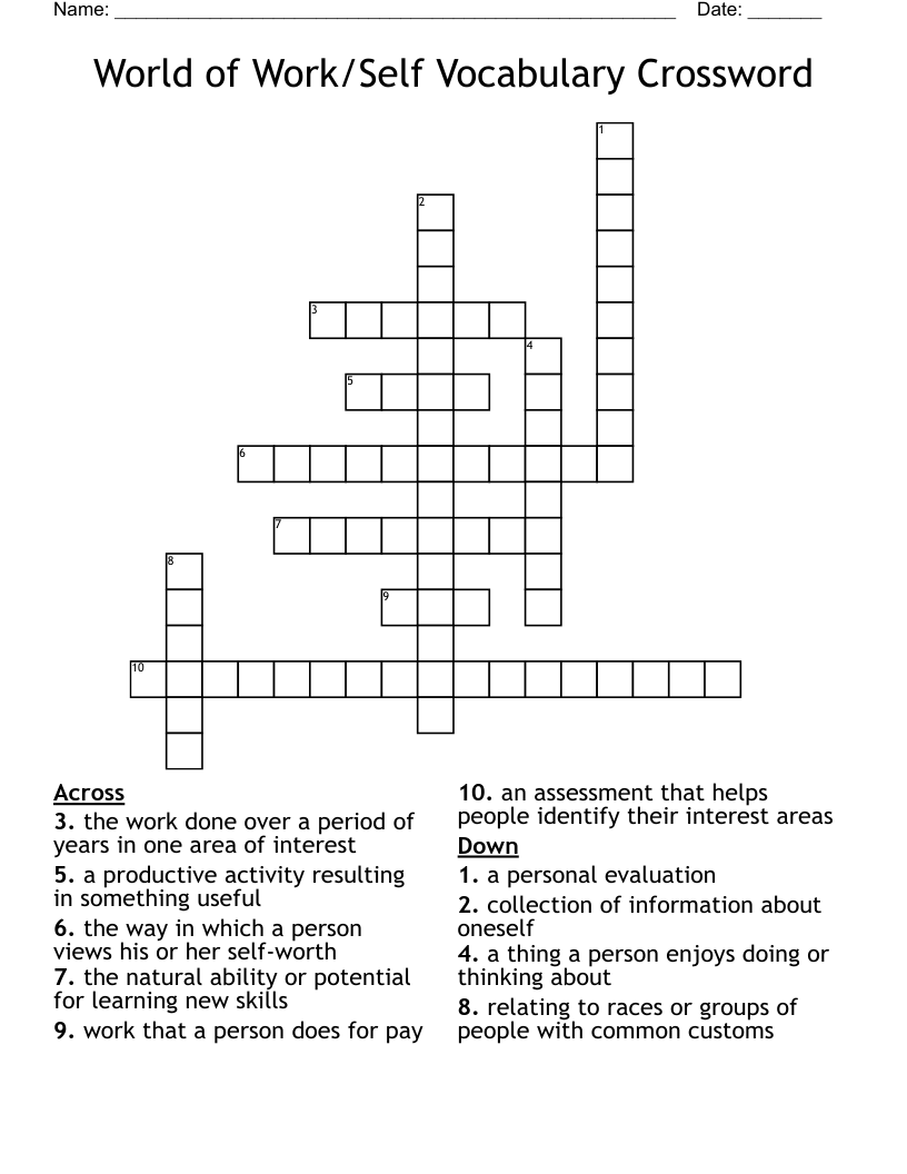 World of Work/Self Vocabulary Crossword