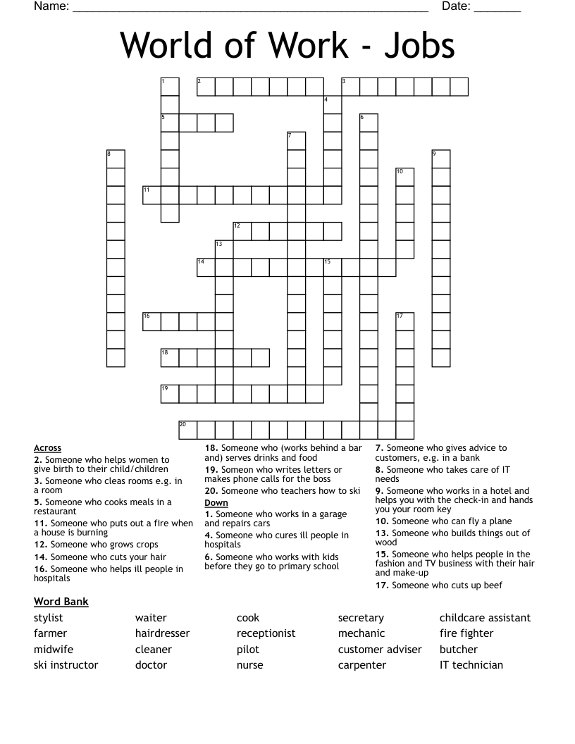 World of Work - Jobs Crossword