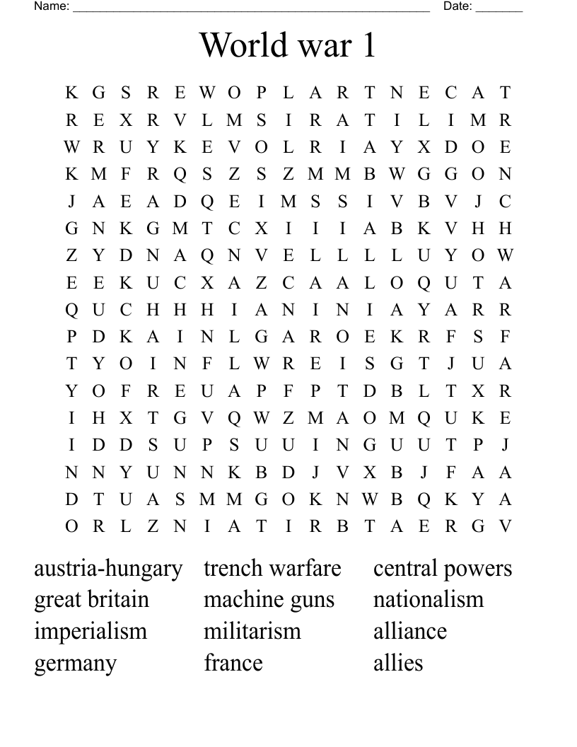 World war 1 Word Search
