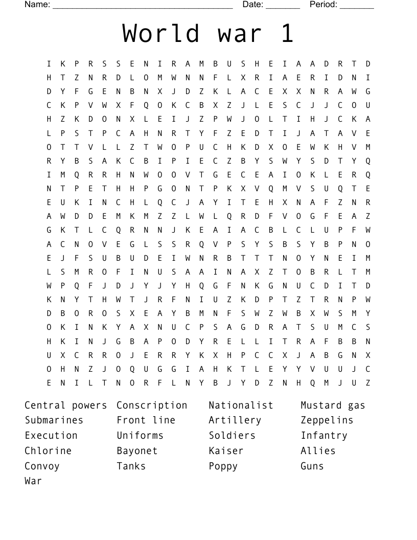 World war 1 Word Search