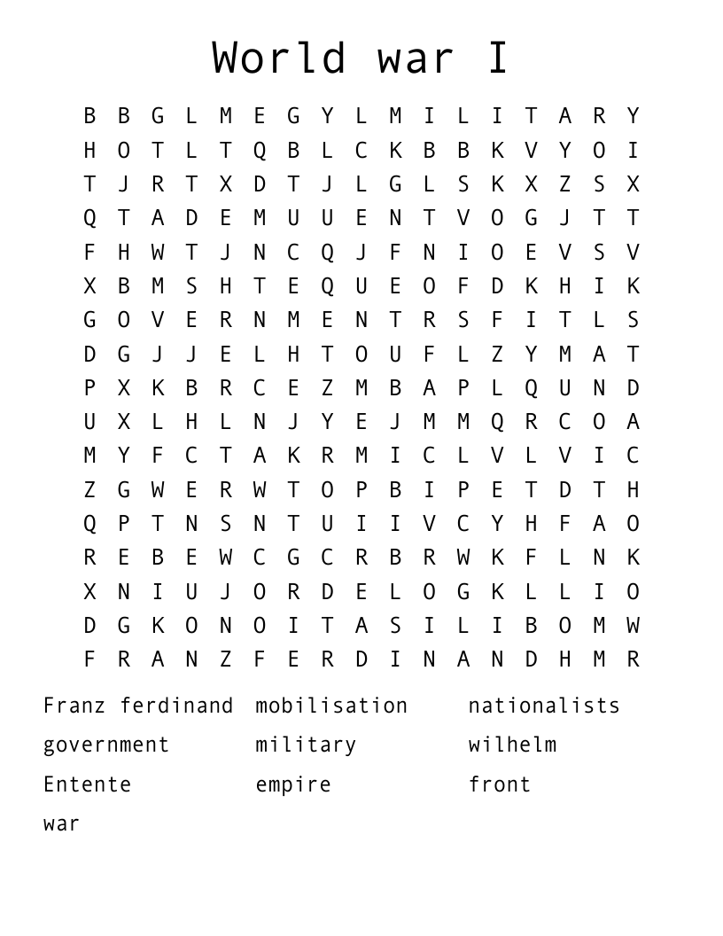 World war I Word Search